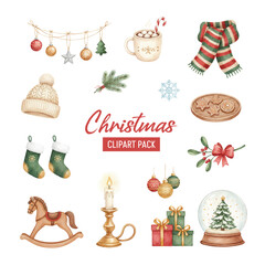 Watercolor Christmas clipart set with gifts, ornaments, stockings, candle, snow globe, and festive holiday elements.