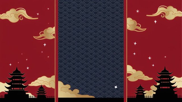 Traditional East Asian landscape with red sky, golden clouds, and silhouette pagodas, featuring a central patterned panel.
