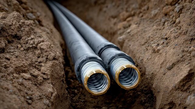 Close-up view of two black pipes with golden threads emerging from a freshly dug trench, showcasing the installation process, camera zooms in for detail and clarity