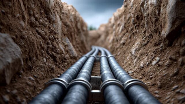 Pipes laid in a trench, showcasing the installation process with close-up details of the materials and surrounding earth, camera gradually zooms in to highlight the scene's depth and texture