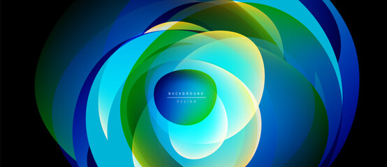 Abstract flowing shapes, vibrant blues, greens create dynamic circular design. Modern, elegant background perfect for digital projects.