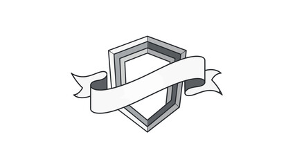 A grayscale illustration of a layered shield with a blank banner wrapped around its center, symbolizing protection or achievement.