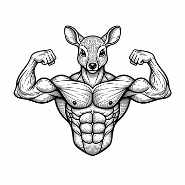 muscular mouse-deer mascot for gym and fitness black and white line art vector illustration