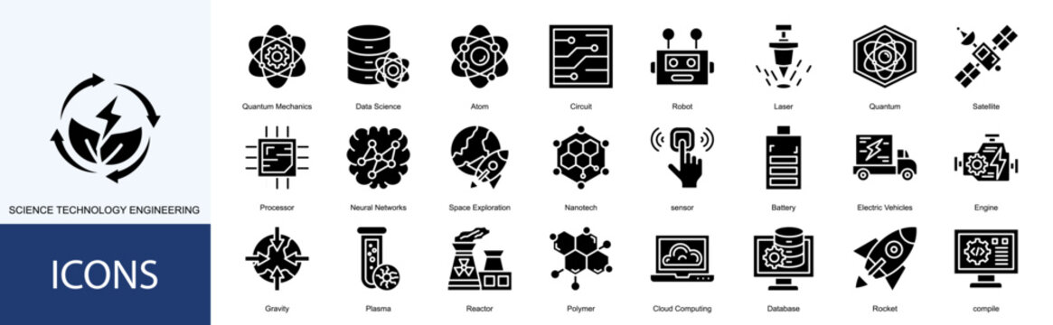 sciene technology engineering icon collection set. Containing Quantum Mechanics, Data Science, Atom, Circuit, Robot, Laser, Quantum, Satellite, Processor icon