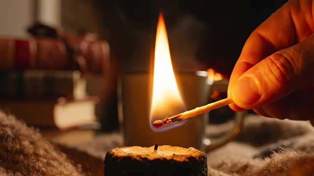 Cozy Ambiance - Lighting a Candle with a Match in Warm Light.