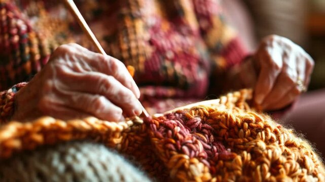 Close-up of wrinkled hand creating handmade knitwear
