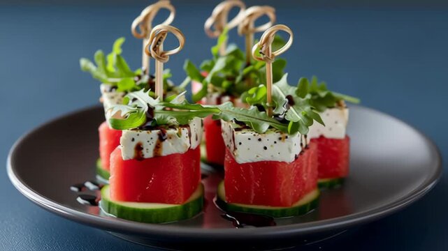 Colorful appetizer featuring watermelon, feta cheese, and arugula garnished with balsamic glaze, beautifully arranged on a plate, camera pans to capture the vibrant details and textures
