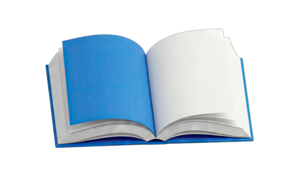 Open Blue Book with Blank Pages on White Background