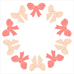 Round decorative frame with cute bows, for invitations, labels and packaging, isolated on white background, vector