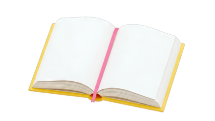 Open Book with Blank Pages and Pink Bookmark on White Background