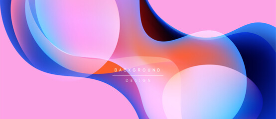 Abstract fluid shapes overlap, creating vibrant pink, blue, orange gradients. Modern design element for backgrounds, presentations.