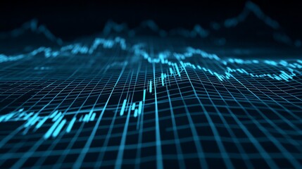 Abstract digital data visualization with blue grid lines and fluctuating graph patterns