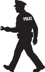 A silhouette of a police officer walking with a flashlight on patrol duty