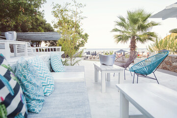 Modern beachside lounge, relaxed summer resort atmosphere