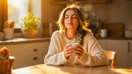 Serene woman enjoying warm drink in sunlit kitchen morning tranquility.