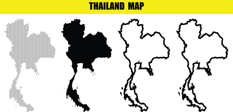 Set of four Thailand map outlines, solid fill, line art, and dotted fill styles
