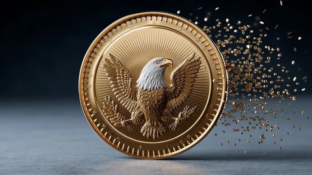 Golden eagle coin spinning dynamically, showcasing intricate details and textures, as particles disperse from its edge, emphasizing motion and craftsmanship in a captivating scene with copy space