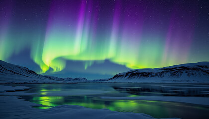 Aurora Borealis illuminates the night sky with green, purple, and pink hues, reflected in a partially frozen lake surrounded by snow-covered mountains.