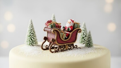 Charming Santa in vintage sleigh surrounded by snowy evergreen trees atop white Christmas cake, magical winter wonderland dessert with soft bokeh lights perfect for joyful holiday gatherings