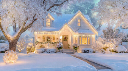 Snow-covered House Decorated With Christmas Lights and Festive Elements During Winter Time