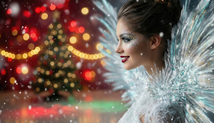 Christmas Celebration Featuring a Person With Sparkling Wings in Front of a Decorated Tree in a Festive Setting