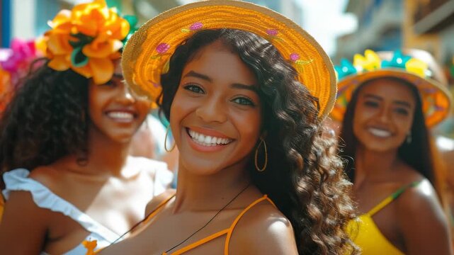 Woman smiling brightly, wearing a colorful orange traditional dress and hat, set against background of colorful festive atmosphere.