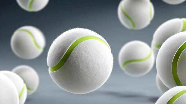 Dynamic sequence of tennis balls in mid-air, showcasing their textured surface and vibrant green stripes, with gradual zoom in capturing the motion and energy of the scene