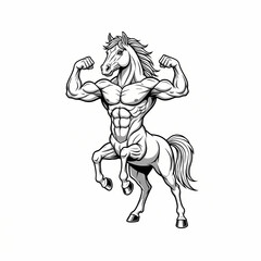 Obraz premium muscular horse mascot for gym and fitness black and white line art vector illustration
