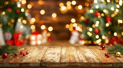 Christmas Decorations With Wooden Table and Festive Lights in Background Creating a Warm Holiday Atmosphere