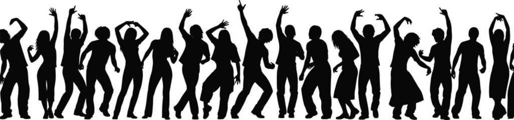 Vector illustration set of multiple energetic people dancing at a party, showing men and women silhouettes celebrating, having fun, and enjoying the music and nightlife.