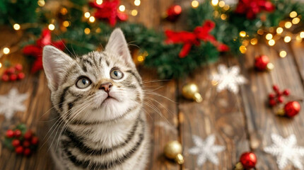 Kitten Surrounded by Holiday Decorations and Lights Looks up With Curiosity