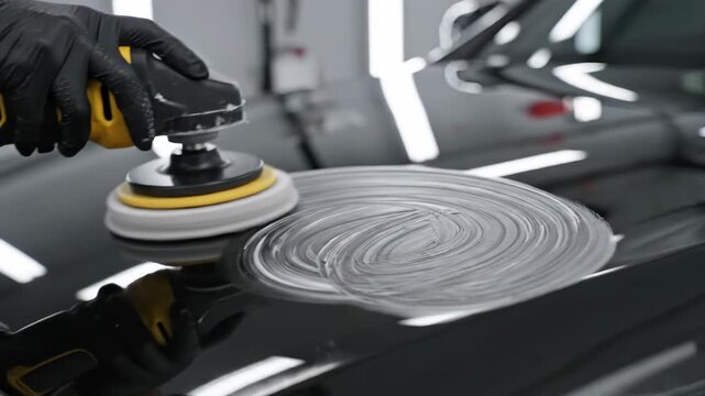 Close up professional detailer using electric buffing machine to polish black car hood in auto workshop garage representing vehicle paint restoration and ceramic coating maintenance service concept