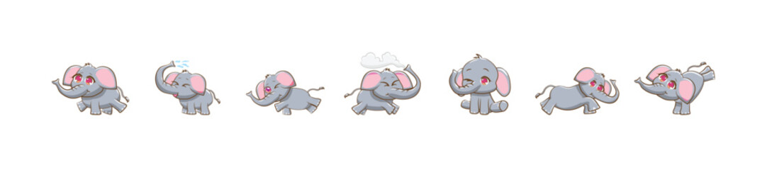 Set of Cute Kawaii Baby Elephant Cartoon Characters in Different Poses Isolated on White Background, vector illustration.