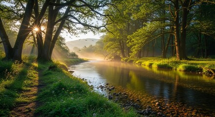 Serene river flowing through a sunlit forest with morning mist