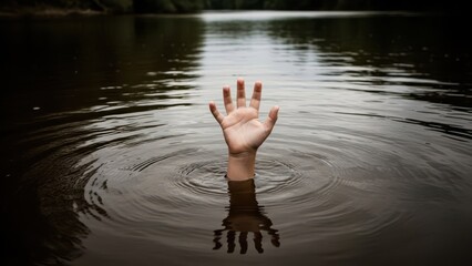 Caucasian child hand reaching out of murky water, concept of drowning, distress, help and desperation for a water safety and rescue scenario.