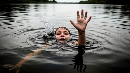 Kid crying and reaching a hand out of the water, concept of drowning, danger, and urgent help, child safety and accident prevention