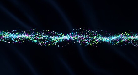 Abstract shimmering wave of colorful particles flowing through dark space with subtle light rays.