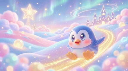 Cute Penguin Slides Along a Colorful Path Through Fluffy Clouds 
