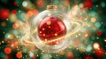 Decorative Red Ornament Hangs on a Christmas Tree With Colorful Lights and Sparkling Effects 