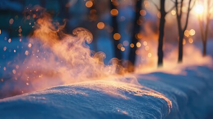Winter Scene Shows Warm Breath Rising Above Snow at Dusk With Glowing Lights in the Background