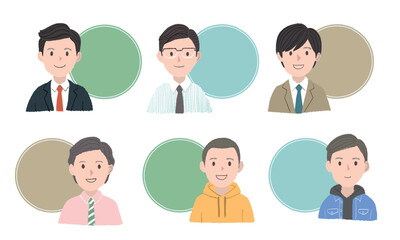 笑顔の男性6人のプロフィール用フレーム｜手描きタッチのイラストアイコン