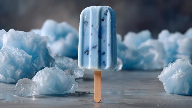 Ice cream popsicle with blue and white swirls, surrounded by fluffy cotton candy, as camera zooms in to highlight textures and colors, creating a vibrant dessert scene
