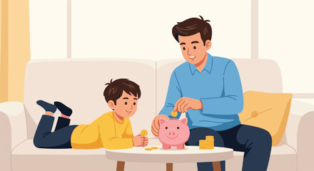 A loving father teaches his young son the importance of saving money by putting coins into a pink piggy bank, illustrating early financial literacy and future planning