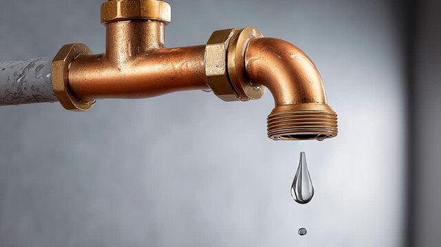 Copper plumbing fixture with water dripping from the spout, showcasing the gradual release of water droplets, camera zooms in to highlight the intricate details and textures of the metal