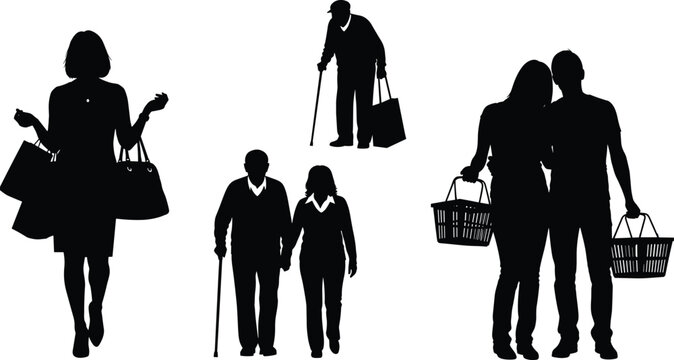 Various shopper silhouettes including woman with bags, elderly couple walking with a cane, older man, and young couple with baskets, diverse consumer groups black vector illustration for  - Powered by Adobe