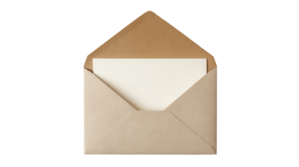 Beige kraft paper envelope opening, revealing a blank white textured card, symbolizing communication, invitation, business, or personal mail, with a transparent background