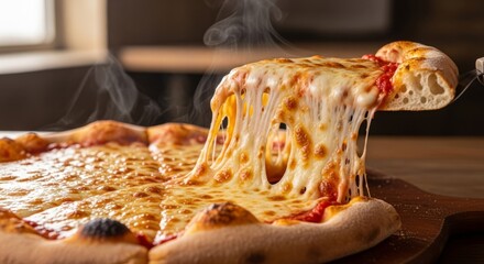 Deliciously cheesy pizza slice stretching with melted mozzarella, creating a tempting, gooey pull.