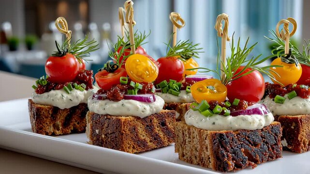 Vibrant gourmet appetizers displayed on a white platter, showcasing colorful toppings and textures, camera smoothly zooms in to highlight intricate details and presentation of the dish