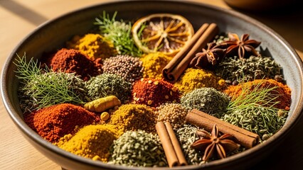 Fototapeta premium Vibrant assortment of exotic spices and herbs arranged in a rustic bowl, ready for culinary exploration.