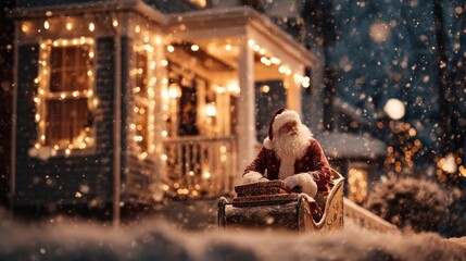 Santa Claus delivering presents to a house on Christmas Eve, with soft snow falling and warm lights glowing, 8k, realistic, full ultra HD, high resolution, cinematic photography